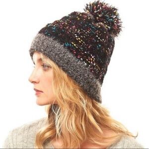 LOF Pom Pom black knit beanie hat jewel tone confetti fall winter